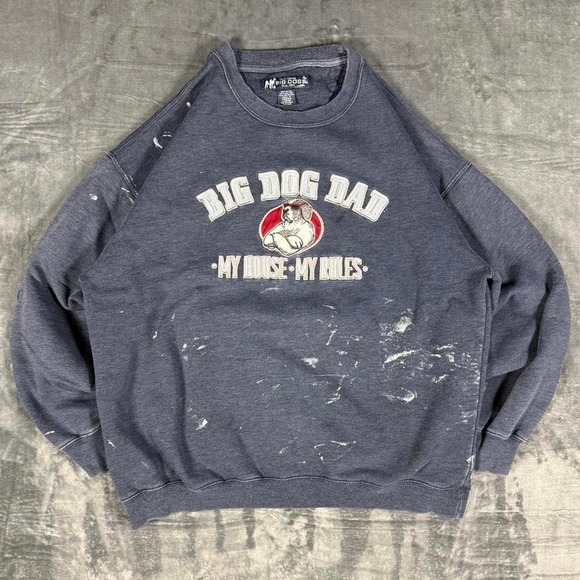 Y2K Big Dog Dad Blue Painted Crewneck - size large - measurements listed - Picture 1 of 6